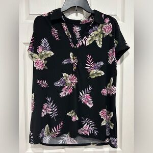 Croft & Barrow Women’s XL Shirred Shoulder Popover Shirt Blouse Black Flowers